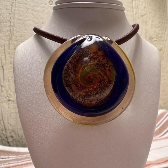 Artisan Glass Teardrop Necklace with Gold and Brown Accents - Picture 3 of 6